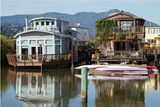 artist-built houseboats on Richardson Bay, Sausalito, California.  Mount Tamalpaid in the background