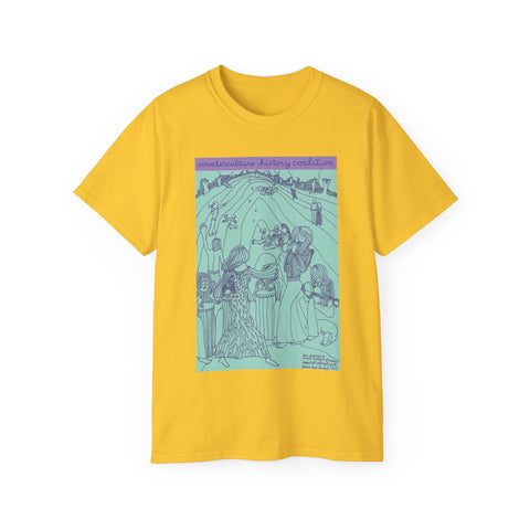 Counterculture History Coalition 100% cotton t-shirt with Alicia Bay Laurel's "Hippie Hill" drawing from 1970