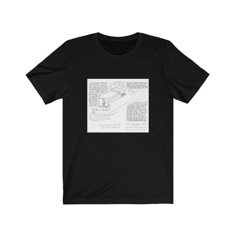 Black cotton t-shirt with houseboat illustration from Alicia Bay Laurel's book, Living on the Earth