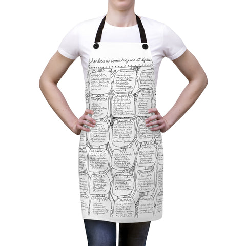Apron printed with the herb and spice chart from Vivre sur la Terre (French edition of Living on the Earth)